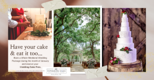 Bride cutting cake, Towering Oaks ceremony site and seven tier cake. Promotion for month of January.