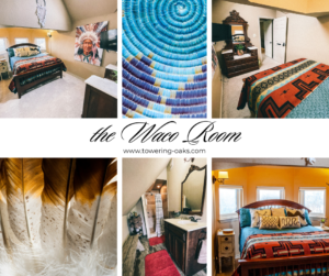 Waco guestroom collage of photographs featuring queen bed dressed in Native American bedding, a turquoise woven basket, a feather headress, armoire and glimpse into the private bathroom.