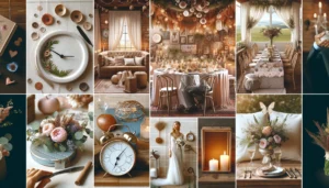 Collage of 2024-2025 wedding trends featuring whole weekend celebrations, sustainable elements, rustic chic, and bohemian themes for an intimate and personalized wedding experience