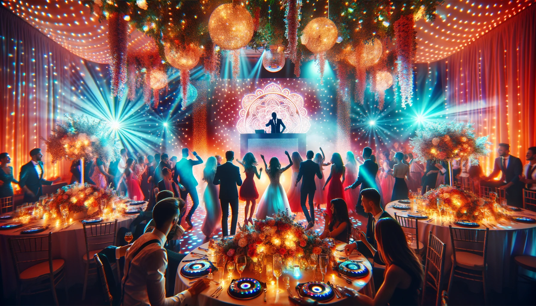 Joyful wedding scene with guests dancing to the music played by a lively DJ, under vibrant lights, capturing the essence of a perfect wedding celebration"